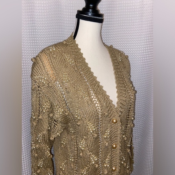 Women’s MAGNOLIA tan vintage pearls beaded knitted cardigan pearls Size small - Picture 2 of 12